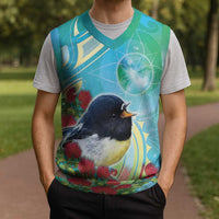 New Zealand Tomtit Christmas Knitted V-Neck Vest Maori Koru With Pohutukawa Galaxy Style - Polynesian Pride