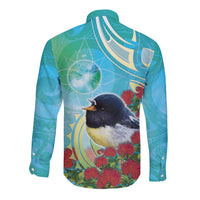 New Zealand Tomtit Long Sleeve Button Shirt Maori Koru With Pohutukawa Galaxy Style - Polynesian Pride