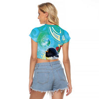 New Zealand Tomtit Raglan Cropped T Shirt Maori Koru With Pohutukawa Galaxy Style - Polynesian Pride