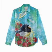 New Zealand Tomtit Women Casual Shirt Maori Koru With Pohutukawa Galaxy Style - Polynesian Pride