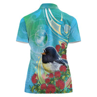 New Zealand Tomtit Women Polo Shirt Maori Koru With Pohutukawa Galaxy Style - Polynesian Pride