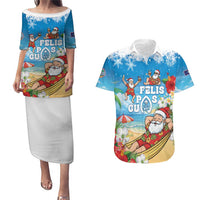 Guam Christmas Couples Matching Puletasi and Hawaiian Shirt Felis Pasgua Chilling Santa LT05 Blue - Polynesian Pride