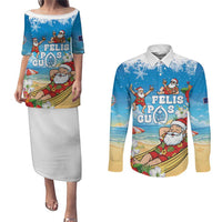 Guam Christmas Couples Matching Puletasi and Long Sleeve Button Shirt Felis Pasgua Chilling Santa LT05 Blue - Polynesian Pride