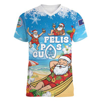 Guam Christmas Women V-Neck T-Shirt Felis Pasgua Chilling Santa LT05 Female Blue - Polynesian Pride