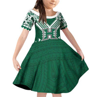 Custom Hawaii Football Family Matching Off Shoulder Short Dress and Hawaiian Shirt Rainbow Warriors Tropical Vibes LT05 Daughter's Dress Green - Polynesian Pride