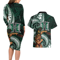 Hawaii Ikaika Warrior Football Couples Matching Long Sleeve Bodycon Dress and Hawaiian Shirt Polynesian Tribal Tattoo - Polynesian Pride