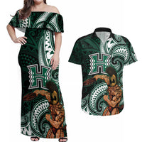 Hawaii Ikaika Warrior Football Couples Matching Off Shoulder Maxi Dress and Hawaiian Shirt Polynesian Tribal Tattoo - Polynesian Pride