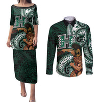 Hawaii Ikaika Warrior Football Couples Matching Puletasi and Long Sleeve Button Shirt Polynesian Tribal Tattoo LT05 Black - Polynesian Pride