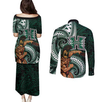 Hawaii Ikaika Warrior Football Couples Matching Puletasi and Long Sleeve Button Shirt Polynesian Tribal Tattoo LT05 - Polynesian Pride