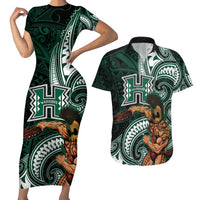 Hawaii Ikaika Warrior Football Couples Matching Short Sleeve Bodycon Dress and Hawaiian Shirt Polynesian Tribal Tattoo - Polynesian Pride