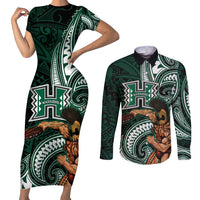 Hawaii Ikaika Warrior Football Couples Matching Short Sleeve Bodycon Dress and Long Sleeve Button Shirt Polynesian Tribal Tattoo - Polynesian Pride