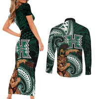 Hawaii Ikaika Warrior Football Couples Matching Short Sleeve Bodycon Dress and Long Sleeve Button Shirt Polynesian Tribal Tattoo - Polynesian Pride