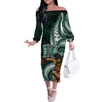 Hawaii Ikaika Warrior Football Family Matching Off The Shoulder Long Sleeve Dress and Hawaiian Shirt Polynesian Tribal Tattoo - Polynesian Pride