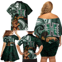 Hawaii Ikaika Warrior Football Family Matching Off Shoulder Short Dress and Hawaiian Shirt Polynesian Tribal Tattoo - Polynesian Pride