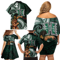 Hawaii Ikaika Warrior Football Family Matching Off Shoulder Short Dress and Hawaiian Shirt Polynesian Tribal Tattoo - Polynesian Pride