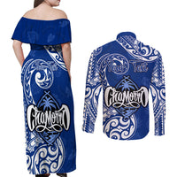 Personalised Hafa Adai Guam History and Chamorro Heritage Day Couples Matching Off Shoulder Maxi Dress and Long Sleeve Button Shirt Blue Latte Stone LT05 - Polynesian Pride
