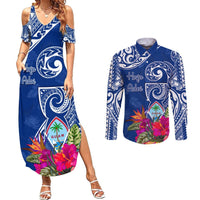 Personalised Hafa Adai Guam History and Chamorro Heritage Day Couples Matching Summer Maxi Dress and Long Sleeve Button Shirt Blue Latte Stone LT05 Blue - Polynesian Pride