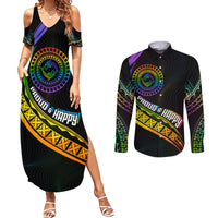 Personalised LGBT History Month Couples Matching Summer Maxi Dress and Long Sleeve Button Shirt Proud And Happy Polynesian Dolphin LT05 Black - Polynesian Pride