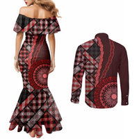 New Zealand Aotearoa Couples Matching Mermaid Dress and Long Sleeve Button Shirt Maori Harakeke Weaving Pattern Red LT05 - Polynesian Pride