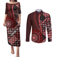 New Zealand Aotearoa Couples Matching Puletasi Dress and Long Sleeve Button Shirt Maori Harakeke Weaving Pattern Red LT05 Red - Polynesian Pride