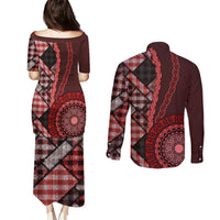 New Zealand Aotearoa Couples Matching Puletasi Dress and Long Sleeve Button Shirt Maori Harakeke Weaving Pattern Red LT05 - Polynesian Pride