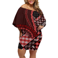 New Zealand Aotearoa Off Shoulder Short Dress Maori Harakeke Weaving Pattern Red LT05 Women Red - Polynesian Pride