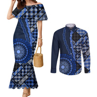 New Zealand Aotearoa Couples Matching Mermaid Dress and Long Sleeve Button Shirt Maori Harakeke Weaving Pattern Blue LT05 Blue - Polynesian Pride