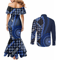 New Zealand Aotearoa Couples Matching Mermaid Dress and Long Sleeve Button Shirt Maori Harakeke Weaving Pattern Blue LT05 - Polynesian Pride