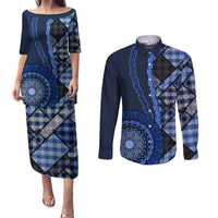 New Zealand Aotearoa Couples Matching Puletasi Dress and Long Sleeve Button Shirt Maori Harakeke Weaving Pattern Blue LT05 Blue - Polynesian Pride