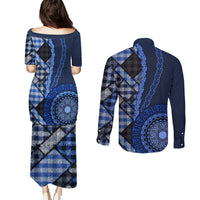 New Zealand Aotearoa Couples Matching Puletasi Dress and Long Sleeve Button Shirt Maori Harakeke Weaving Pattern Blue LT05 - Polynesian Pride