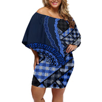 New Zealand Aotearoa Off Shoulder Short Dress Maori Harakeke Weaving Pattern Blue LT05 Women Blue - Polynesian Pride
