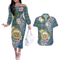 Personalised Hawaii State Couples Matching Off The Shoulder Long Sleeve Dress and Hawaiian Shirt Tropical Flowers With Tartan Pattern LT05 Blue - Polynesian Pride