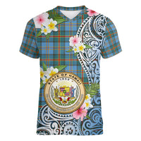 Personalised Hawaii State Women V Neck T Shirt Tropical Flowers With Tartan Pattern LT05 Female Blue - Polynesian Pride