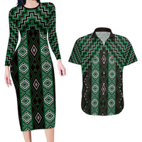 New Zealand Aotearoa Couples Matching Long Sleeve Bodycon Dress and Hawaiian Shirt Green Poutama With Taniko Pattern LT05