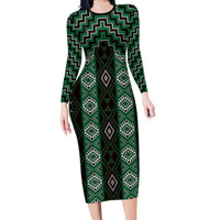 New Zealand Aotearoa Family Matching Long Sleeve Bodycon Dress and Hawaiian Shirt Green Poutama With Taniko Pattern LT05