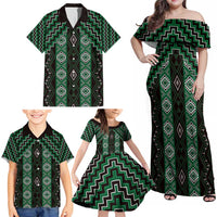 New Zealand Aotearoa Family Matching Off Shoulder Maxi Dress and Hawaiian Shirt Green Poutama With Taniko Pattern LT05