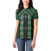New Zealand Aotearoa Women Polo Shirt Green Poutama With Taniko Pattern LT05