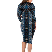 New Zealand Aotearoa Family Matching Long Sleeve Bodycon Dress and Hawaiian Shirt Blue Poutama With Taniko Pattern LT05