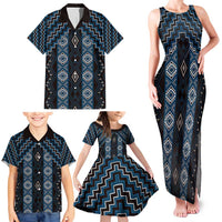 New Zealand Aotearoa Family Matching Tank Maxi Dress and Hawaiian Shirt Blue Poutama With Taniko Pattern LT05