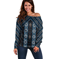 New Zealand Aotearoa Off Shoulder Sweater Blue Poutama With Taniko Pattern LT05