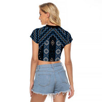 New Zealand Aotearoa Raglan Cropped T Shirt Blue Poutama With Taniko Pattern LT05 - Polynesian Pride
