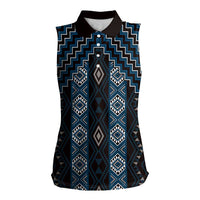 New Zealand Aotearoa Women Sleeveless Polo Shirt Blue Poutama With Taniko Pattern LT05 Female Blue - Polynesian Pride
