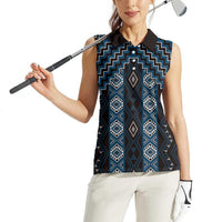 New Zealand Aotearoa Women Sleeveless Polo Shirt Blue Poutama With Taniko Pattern LT05 - Polynesian Pride