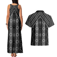New Zealand Aotearoa Couples Matching Tank Maxi Dress and Hawaiian Shirt Black Poutama With Taniko Pattern LT05