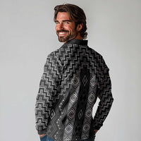 New Zealand Aotearoa Long Sleeve Polo Shirt Black Poutama With Taniko Pattern LT05