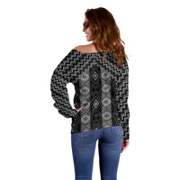 New Zealand Aotearoa Off Shoulder Sweater Black Poutama With Taniko Pattern LT05
