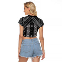 New Zealand Aotearoa Raglan Cropped T Shirt Black Poutama With Taniko Pattern LT05 - Polynesian Pride