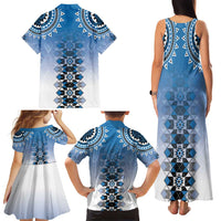 New Zealand Family Matching Tank Maxi Dress and Hawaiian Shirt Poutama Mix Blue Taniko Inspired Art LT05
