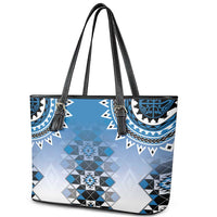 New Zealand Leather Tote Bag Poutama Mix Blue Taniko Inspired Art LT05