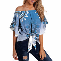 New Zealand Off Shoulder Wrap Waist Top Poutama Mix Blue Taniko Inspired Art LT05 - Polynesian Pride